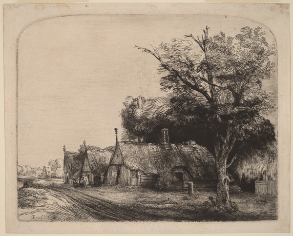 Landscape with Three Gabled Cottages beside a Road - Rembrandt van Rijn (1650)