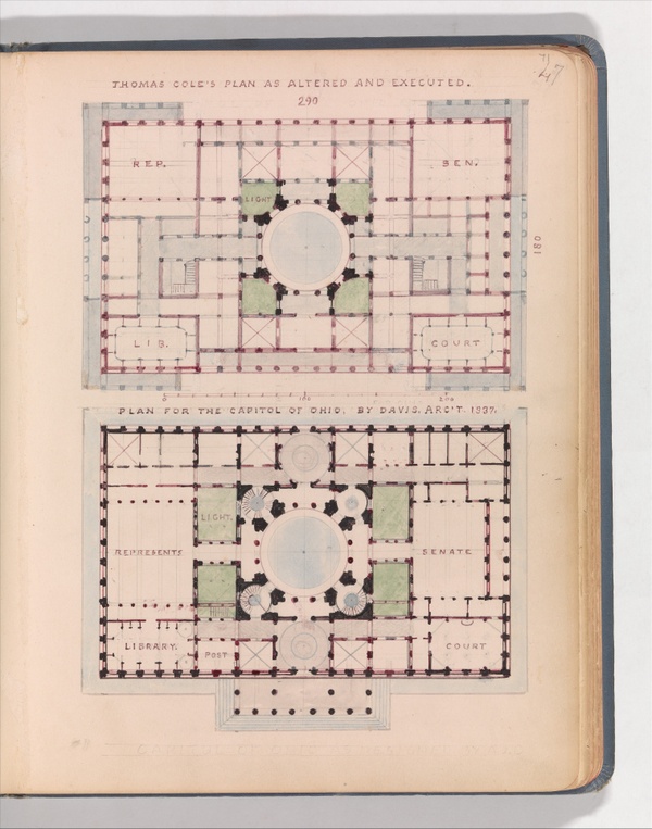 Thomas Cole's Plan as Altered and Executed; and Plan for the Capitol of Ohio - Thomas Cole / Alexander Jackson Davis (1837)