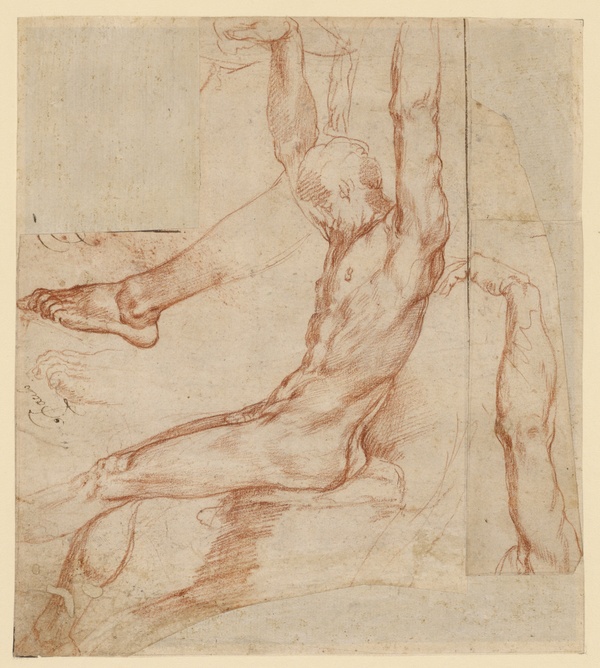 Study of a Man with Various Sketches (recto); Study of a Man's Draped Leg (verso) - Polidoro da Caravaggio (c. 1535)